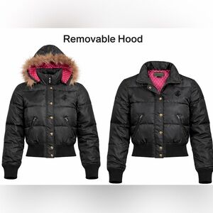 Rocawear Y2K Womens Black Puffer Jacket Removable Fur Hood Pink Logo Lining Med
